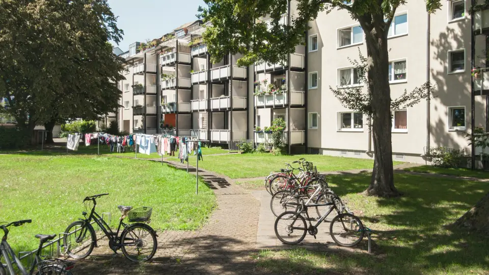 Grüner Innenhof einer Siedlung der GWG zu Köln mit Fahrrädern, alten Bäumen und Wäscheleinen vor den Balkonen.