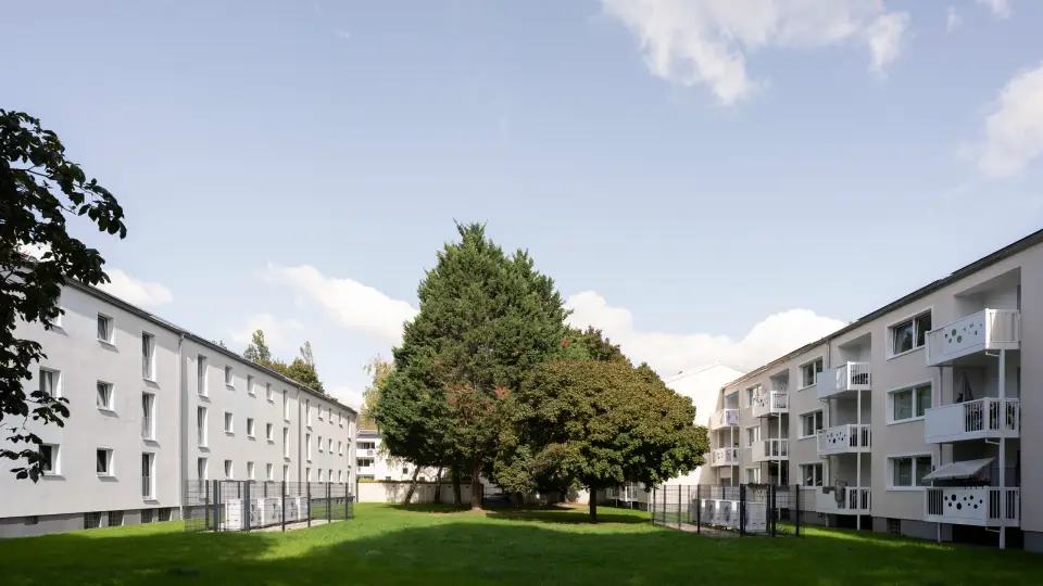 Sanierte Wohnanlage mit großzügiger Grünfläche in Köln-Bilderstöckchen, ein Projekt von nattmann + bruns Architekten